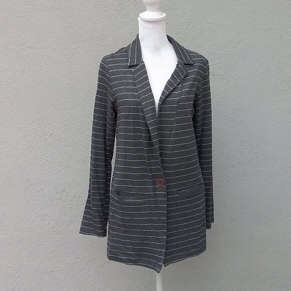 Anthropologie Jacket Blazer Women Size Med Gray-White pinstripe knit Preppy - Picture 8 of 8